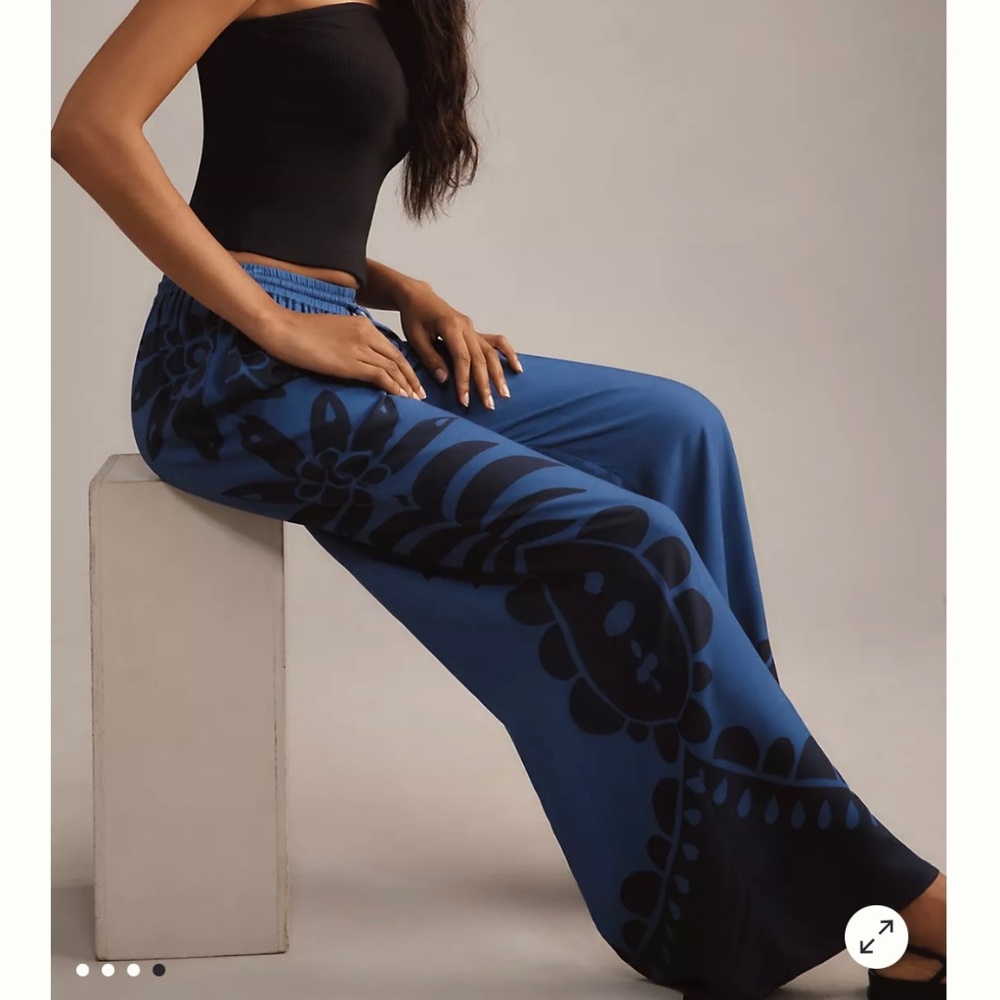 FARM Rio Black Floral on Blue Wide Leg Pants